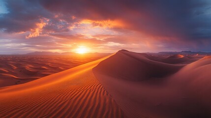 Poster - A stunning desert landscape at sunset, showcasing dunes and dramatic clouds.