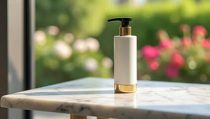 Poster - Elegant product display features a marble top against a blurred window view of a vibrant outdoor garden scene._00002_