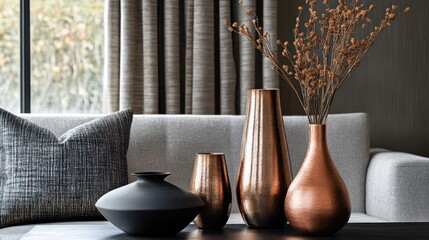 Poster - A stylish arrangement of vases and a cushion on a modern sofa in a cozy living space.