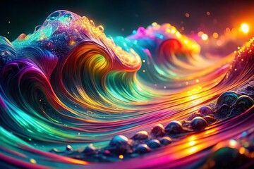 Poster - Abstract Neon Wave Background Macro Photography: Vibrant Colors, Swirling Patterns, Close-Up Details