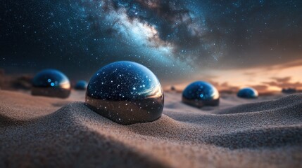 Poster - A surreal landscape featuring reflective spheres on sandy terrain under a starry sky.