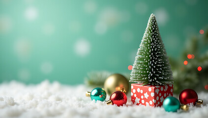 Aufkleber - Cute pine tree elements and colorful ornaments on a festive holiday background in a small gift box design concept._00003_