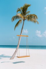 On Phu Quoc island, Vietnam, in Southeast Asia, a rustic wooden swing hangs from an exotic palm tree, extending over the pristine sand beach. The tranquil tropical island setting features the