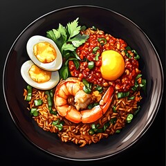 Wall Mural - Delicious shrimp fried rice with eggs and spicy sauce.