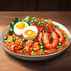 Wall Mural - Delicious shrimp fried rice with soft boiled eggs, peas, and chili sauce.