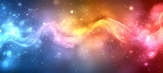 Poster - A vibrant abstract background featuring swirling waves of blue, orange, pink, and purple, interspersed with sparkling stars that create a dreamy atmosphere.