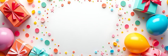 Poster - Create a vibrant party background with colorful elements including gift boxes, confetti, and balloons in a flat laid out design._00003_
