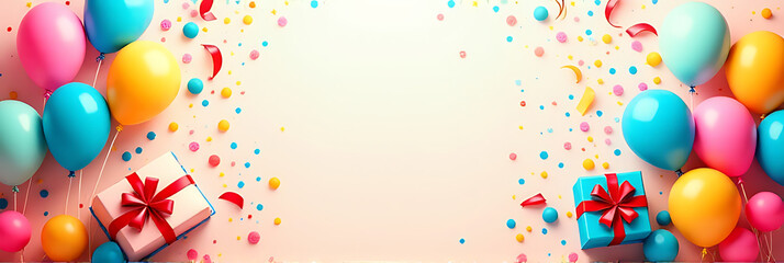 Poster - Create a vibrant party background with colorful elements including gift boxes, confetti, and balloons in a flat laid out design._00002_