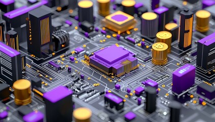 Poster - Positioned on a supercomputer circuit board, a bitcoin represents the next wave in currency technology.
