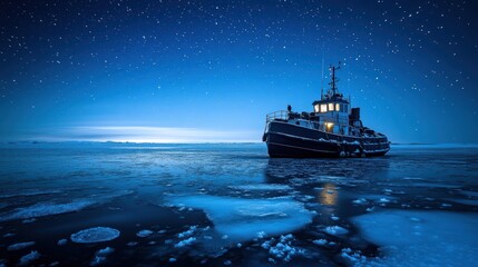 Poster - A tugboat navigates icy waters under a starry sky, reflecting a serene winter landscape.