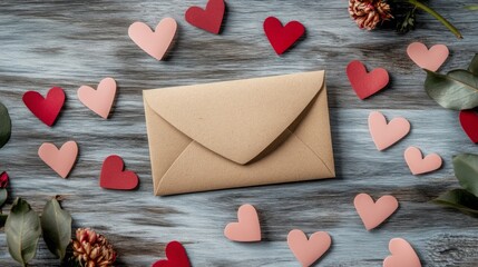 Fototapete - A decorative envelope rests on a wooden surface, surrounded by an array of pink and red paper hearts. This charming arrangement creates a romantic atmosphere, ideal for special occasions.