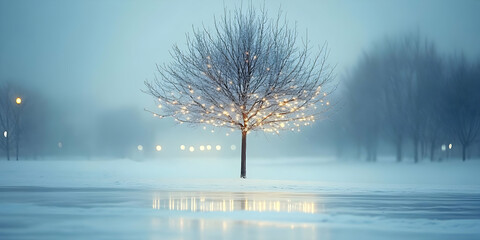 Canvas Print - Winter Tree Glows with Lights, Reflecting Beauty in Frozen Lake