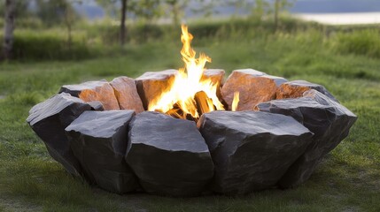 A rugged, primitive fire pit constructed from jagged, weathered stones, with an intense, flickering flame burning at its center, casting a warm, ambient glow.