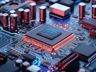 Poster - A Bitcoin digital currency coin positioned on a PC motherboard, illustrating the concept of crypto mining.