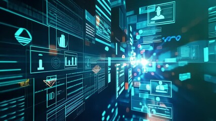 Poster - Complex digital data stream flowing through cyberspace, creating a futuristic technological landscape with glowing numbers, symbols, and information