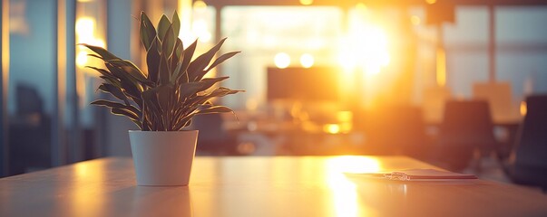 Aufkleber - Potted plant illuminating modern office space at sunset