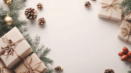 Poster - Christmas gifts, pine branches and pine cones framing white background