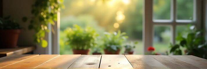 Poster - A worn wooden table top stands empty against a blurred background of an overgrown garden outside the kitchen window in the morning light._00003_