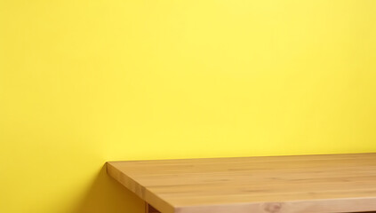 Poster - A wooden tabletop sits empty on a bright yellow pastel colored background with no signs of clutter or decorations nearby._00003_