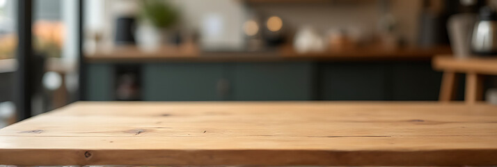 Aufkleber - A wooden table with a minimalist design sits empty in a blurred coffee shop background awaiting product display and key visuals._00001_