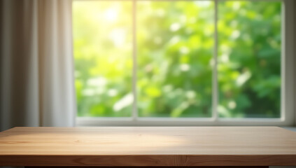 Aufkleber - A wooden table stands empty in a room with a blurred curtain and a glimpse of vibrant greenery outside through the window._00002_