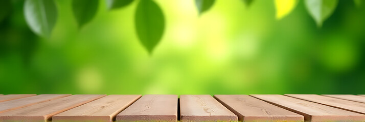 Aufkleber - A wooden table is set in a beautiful garden with a blurred green leaf background creating a peaceful atmosphere._00002_