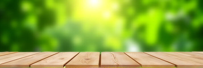 Aufkleber - A wooden table is set in a beautiful garden with a blurred green leaf background creating a peaceful atmosphere._00003_