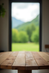 Poster - A wooden table is centered in a blurred landscape with a green view through a glass window on the wall._00003_