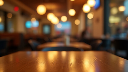 Aufkleber - A wood table top reflects a blurry blur of lighting in a busy restaurant setting with selective focus._00002_