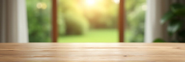 Aufkleber - A wood table top is in focus while a blurred curtain and garden background are used for a product display or design image._00002_