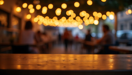 Aufkleber - A wood table top glows softly in a blur of bokeh against a bustling night cafe atmosphere in a lifestyle celebration setting._00002_