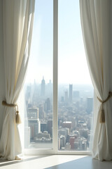 Poster - A white curtain billows out of a window offering a breathtaking view of the city beyond its elegant folds slowly._00002_
