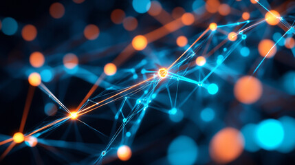 Poster - Dynamic network visualization depicting interconnected nodes and pathways. 
