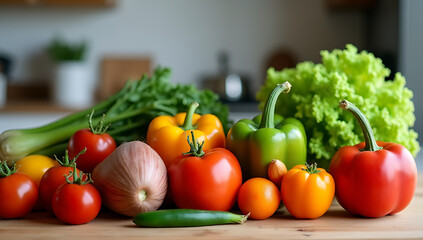 Poster - A set of various vegetables on a kitchen counter provides ample opportunities for healthy eating and exploring vegetarian meal concepts._00001_