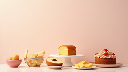 Aufkleber - A set of breakfast foods, including a cake, is arranged artfully on a table with a soft pastel colored background._00002_