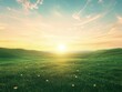 © matucha12 - A peaceful landscape with a vibrant green meadow and sun rising over the horizon, symbolizing harmony