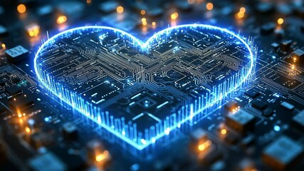 Poster - digital heart formed by glowing circuits on a microchip background in vibrant blue tones
