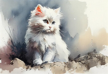 Wall Mural - white cat on a light background., watercolor painting ,  