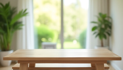 Aufkleber - A minimalist wooden table sits empty in a room with a blurred curtain behind it, showcasing fresh greenery from the garden nearby._00002_