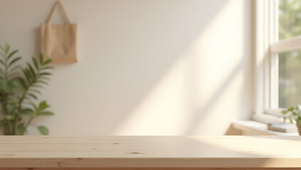 Aufkleber - A minimalist wooden table sits bare in a softly focused, abstractly decorated space with clean lines and an airy feel._00003_