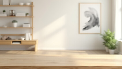 Aufkleber - A minimalist wooden table sits bare in a softly focused, abstractly decorated space with clean lines and an airy feel._00002_
