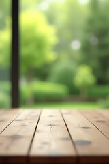 Aufkleber - A minimalist wooden table showcases a blurred green garden scene through a window, ideal for product photography and design purposes._00003_