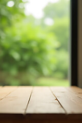 Aufkleber - A minimalist wooden table showcases a blurred green garden scene through a window, ideal for product photography and design purposes._00002_
