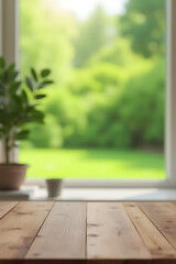 Aufkleber - A minimalist wooden table showcases a blurred green garden scene through a window, ideal for product photography and design purposes._00001_