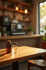 Poster - A minimalist wood table in a warm cafe setting with a soft light glow perfect for product display and visuals._00001_