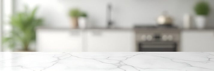 Poster - A marble tabletop is centered in a blurry white kitchen room setting with selective focus applied to it._00002_