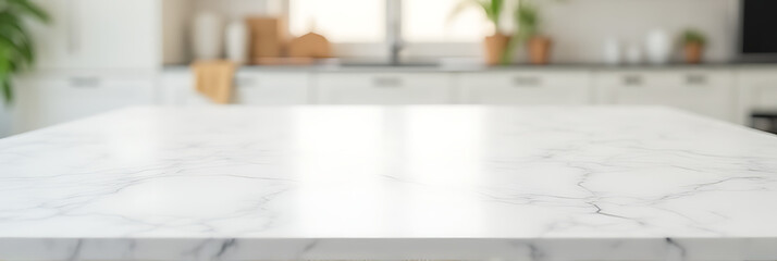 Poster - A marble tabletop is centered in a blurry white kitchen room setting with selective focus applied to it._00001_