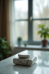 Poster - A marble display is subtly placed in the foreground with a blurred window background creating an artistic selective focus effect._00001_