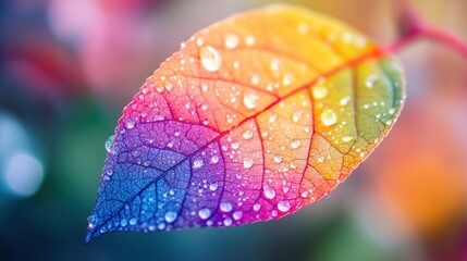 Poster - A vibrant, colorful leaf adorned with droplets, showcasing nature's beauty and detail.