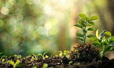 Wall Mural - Young plant sprouting from soil with sunlight filtering through foliage